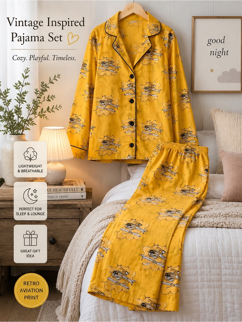 Golden Yellow Vintage-Inspired Pajama Set